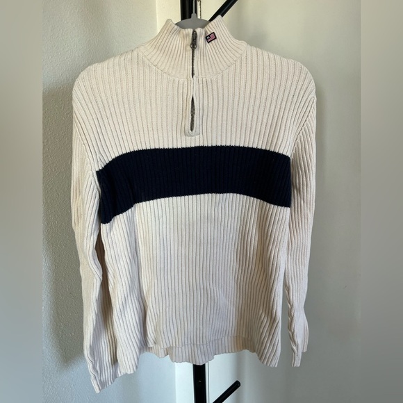 Y2K Ralph Lauren Cream and Navy Blue Turtleneck Sweater with Ribbed Knit Texture - Picture 1 of 5